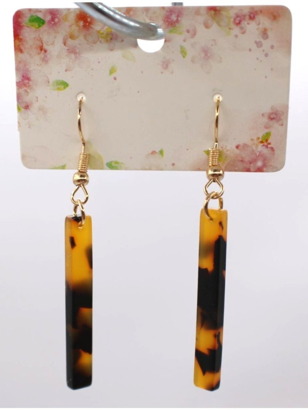 Long Bar Dangle Tortoise Shell Drop Earrings Gold Tone Leopard Print Minimalist